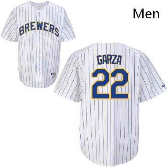 Mens Majestic Milwaukee Brewers 22 Matt Garza Replica WhiteBlue Strip MLB Jersey